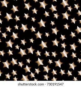 Seamless pattern with gold stars on dark black. Night sky with golden stars, the space galaxy. Repeat texture background, vector.