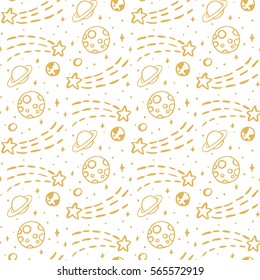 Seamless pattern with gold stars, planet, moon, earth on a white background.