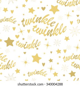 Seamless pattern with gold stars and twinkle lettering. Hand drawn Lullaby Baby shower design.
