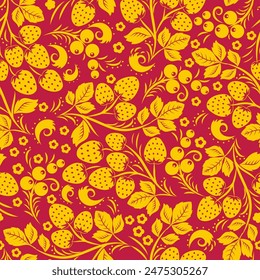 Patrón sin fisuras de fresas de oro, grosellas y hojas sobre fondo rojo. Ilustración vectorial.