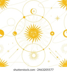 Seamless pattern with gold sun, celestial symbols. Composition of esoteric, occult, alchemical and witch symbols.