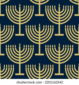 Seamless pattern with gold symbols on blue color background for Hanukkah Jewish holiday