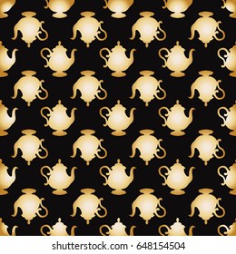 Seamless pattern with a gold teapots on a black background