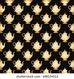 Seamless pattern with a gold teapots on a black background