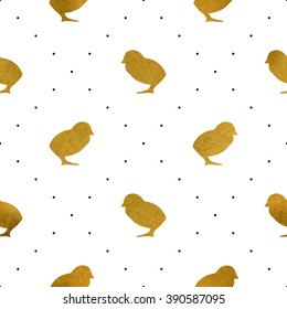 Seamless pattern with gold textured chicks. Background for Easter greeting card or holiday decor, wrapping, scrapbook, decals.