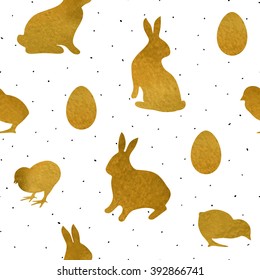 Seamless pattern with gold textured chicks, rabbits and eggs. Background for Easter greeting card or holiday decor, wrapping, scrapbook, decals.