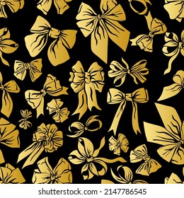 Seamless pattern with gold tie bows on black background. Suitable for textile, fabric, wallpaper, wrapping. Vector illustration.