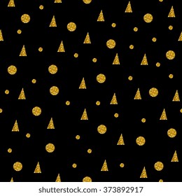 Seamless pattern with gold triangles and circles on black background. Vector illustration.