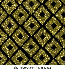 Seamless pattern gold tribal background with glitter texture. Abstract ikat seamless pattern background. Abstract vector background. Gold and black seamless rhombus pattern. Vector illustration.