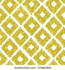 Seamless pattern gold tribal background with glitter texture. Abstract ikat seamless pattern background. Abstract vector background. Gold and white seamless rhombus pattern. Vector illustration.
