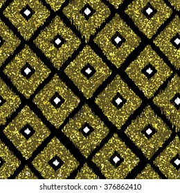 Seamless pattern gold tribal background with glitter texture. Abstract ikat seamless pattern background. Abstract vector background. Gold, black and white seamless rhombus pattern. Vector illustration