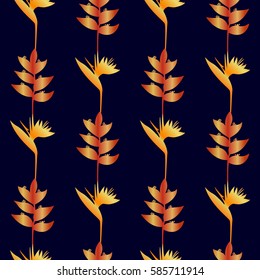 Seamless pattern of gold tropic flower silhouette on drak blue. Floral wallpaper, textile print, exotic background.