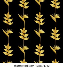 Seamless pattern of gold tropic flower silhouette on black. Floral wallpaper, textile print, exotic background.