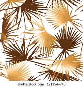 Seamless pattern. Gold Tropical exotic fan palm leaves on a white background. Textile and wallpaper composition, hand drawn style print. Vector illustration.