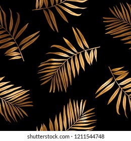 Seamless pattern. Gold Tropical exotic palm leaves on a black background. Textile and wallpaper composition, hand drawn style print. Vector illustration.