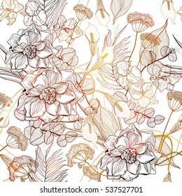 Nahtloses Muster mit goldenem tropischem Blumenhintergrund. Abstrakte Vektorgrafik