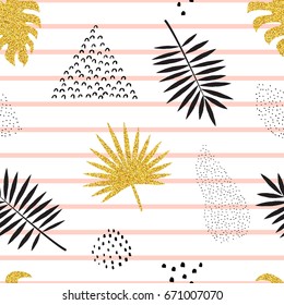 Seamless pattern with gold tropical leaves, geometric elements on pink stripes. 