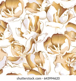 Seamless pattern with gold Tulip Flowers on a white background. Vector illustration.