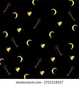 Patrón sin fisuras con llaves vintage de oro, corazones y lunas en media luna sobre fondo negro. Textura de Vector de lujo para el día de San Valentín, papel de regalo o impresión de tela.