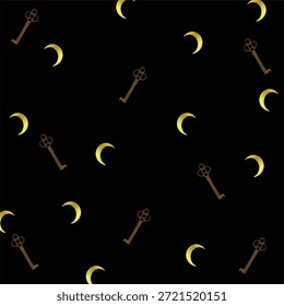 Padrão contínuo com chaves vintage de ouro e luas crescente no fundo preto. Textura vetorial de luxo para temas mágicos, misteriosos, astrológicos ou noturnos.