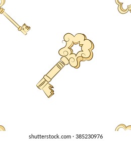 Seamless pattern. Gold vintage keys on white background