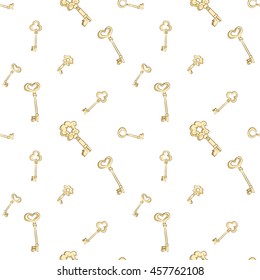 Seamless pattern. Gold vintage keys on white background