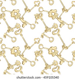 Seamless  pattern. Gold vintage keys on white background