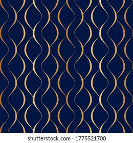 Seamless pattern gold wavy line. Golden stripes twist on blue background. Abstract texture foil. Elegant waves curl. Delicate curved swirl. Design gift wrapper, interior, covers, cases, prints. Vector