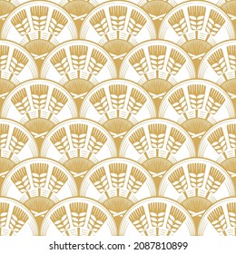 Seamless pattern with gold wheat ears on a white background. Pattern for the design of packaging for food, home textiles for the kitchen, invitations to agricultural events. Vector illustration.