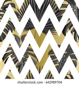 Seamless pattern with gold white grayscale colored tropical exotic palm leaves on abstract geometric zigzag style background. Fabric, wrapping paper print. Vector illustration stock vector.