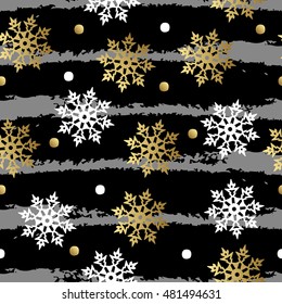 Seamless pattern with gold and white snowflakes on gray splashes. Vector illustration.