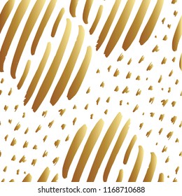 Seamless pattern with gold and white striped. Hand drawn black and yellow paint strokes. Grunge style. Hand-drawn stripes, brush strokes, stars. Beautiful vector fashionable floral exotic background.