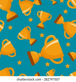 Seamless pattern with gold winners cup and stars