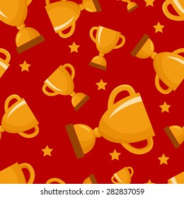 Seamless pattern with gold winners cup and stars