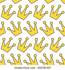 Seamless Pattern. Gold yellow contour crown icon. King, queen, princess accessory. Wrapping paper textile template. White background. Flat design. Vector illustration.