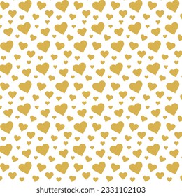 Seamless pattern with gold or yellow hearts on a white background. Flat Scandinavian style for print on fabric, gift wrap, web backgrounds, scrap booking, patchwork.Vector illustration.