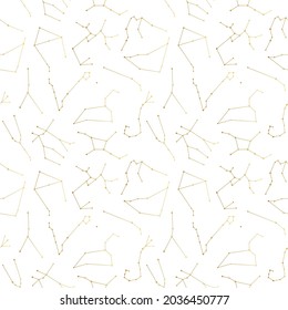 Seamless pattern gold zodiac constellations Aries, Taurus, Gemini, Cancer, Leo, Virgo, Libra, Scorpio, Sagittarius, Capricornus, Aquarius, Pisces. Design for fabric, textile, wrapping paper, wallpaper
