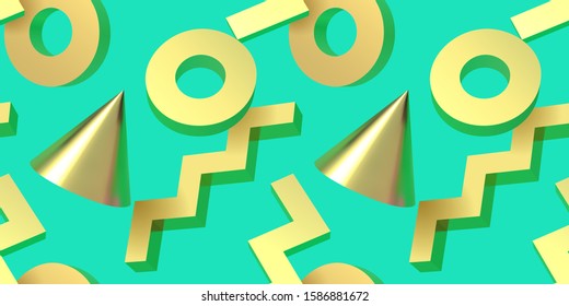 Seamless pattern with golden 3D shapes flying over aqua menthe green backdrop. Zigzag, cone and ring figures abstract background