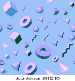 Seamless pattern with golden 3D shapes flying over aqua menthe green backdrop, abstract background for your design