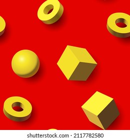 Seamless pattern with golden 3D shapes flying over aqua menthe green backdrop, abstract background for your design