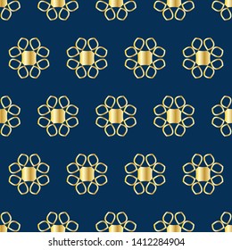 Seamless pattern with golden abstract flowers on blue background. Vector EPS10