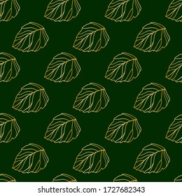 Seamless pattern. Golden abstract leaves on a green background. Vector illustration for fabric design, print for textile, scarf, underwear and packaging.