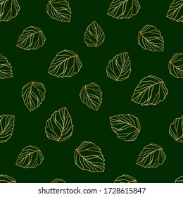Seamless pattern. Golden abstract leaves on a green background. Vector illustration for fabric design, print for textile, scarf, underwear and packaging. 