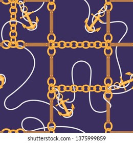 Seamless pattern with golden anchor, chains and leather belts. Seamless pattern in nautical style. Vector seamless pattern for printing on fabric.