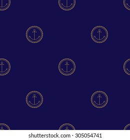 Seamless Pattern with Golden Anchor on a Navy Background, Seamless Pattern of Maritime Emblem for Web Design and Wallpaper and Fabric,  Vector Illustration