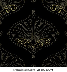 Seamless pattern with golden anthemion floral motifs on a black background. Classic abstract ogee repeat wallpaper.