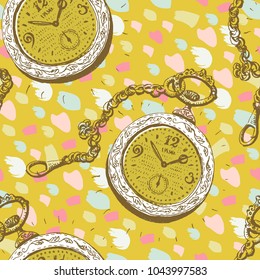 Seamless pattern with golden antics clocks and abstract background . 