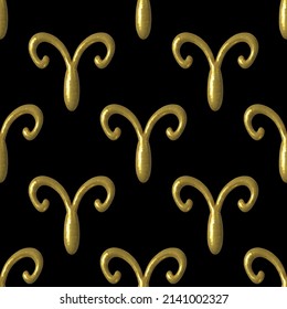 Seamless pattern of the golden Aries, the symbol of the Horoscope. Realistic zodiac sign, pseudo 3d. Vector illustration with imitation of shine and scuffs of metal, isolated on a black background.
