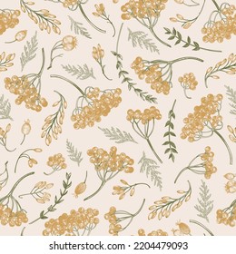 Seamless pattern with golden autumn berries and green twigs. Vintage vector illustration.