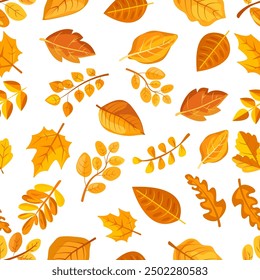 Seamless pattern of golden autumn leaves scattered on a white background. Colorful graphic style. Concept of fall season and nature beauty